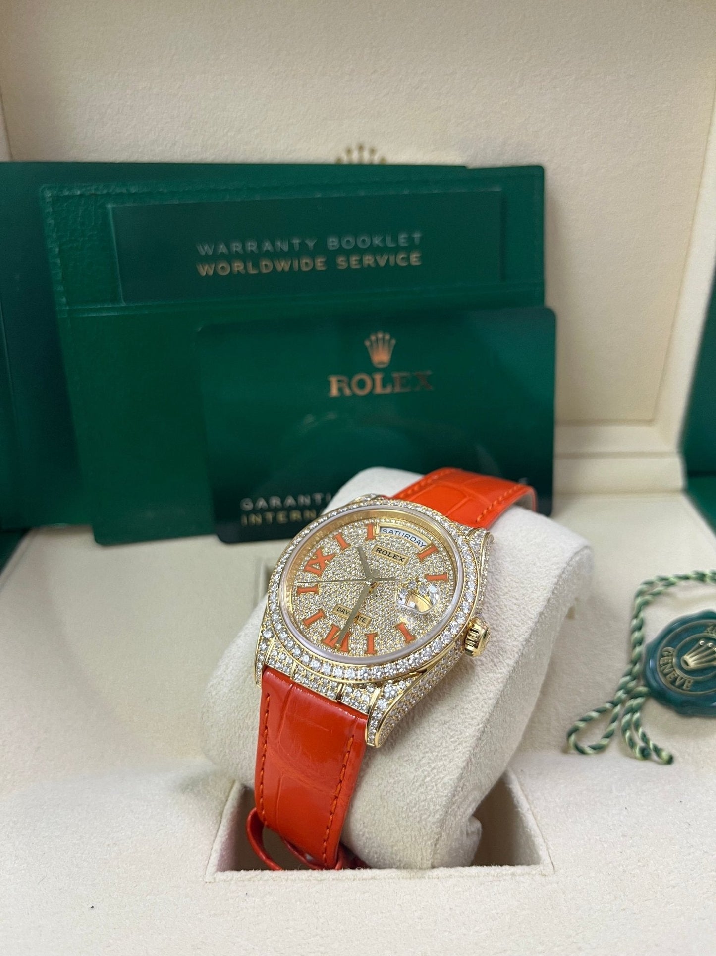 Rolex Day-Date 36 Orange Alligator Strap Pave Dial 128158rbr