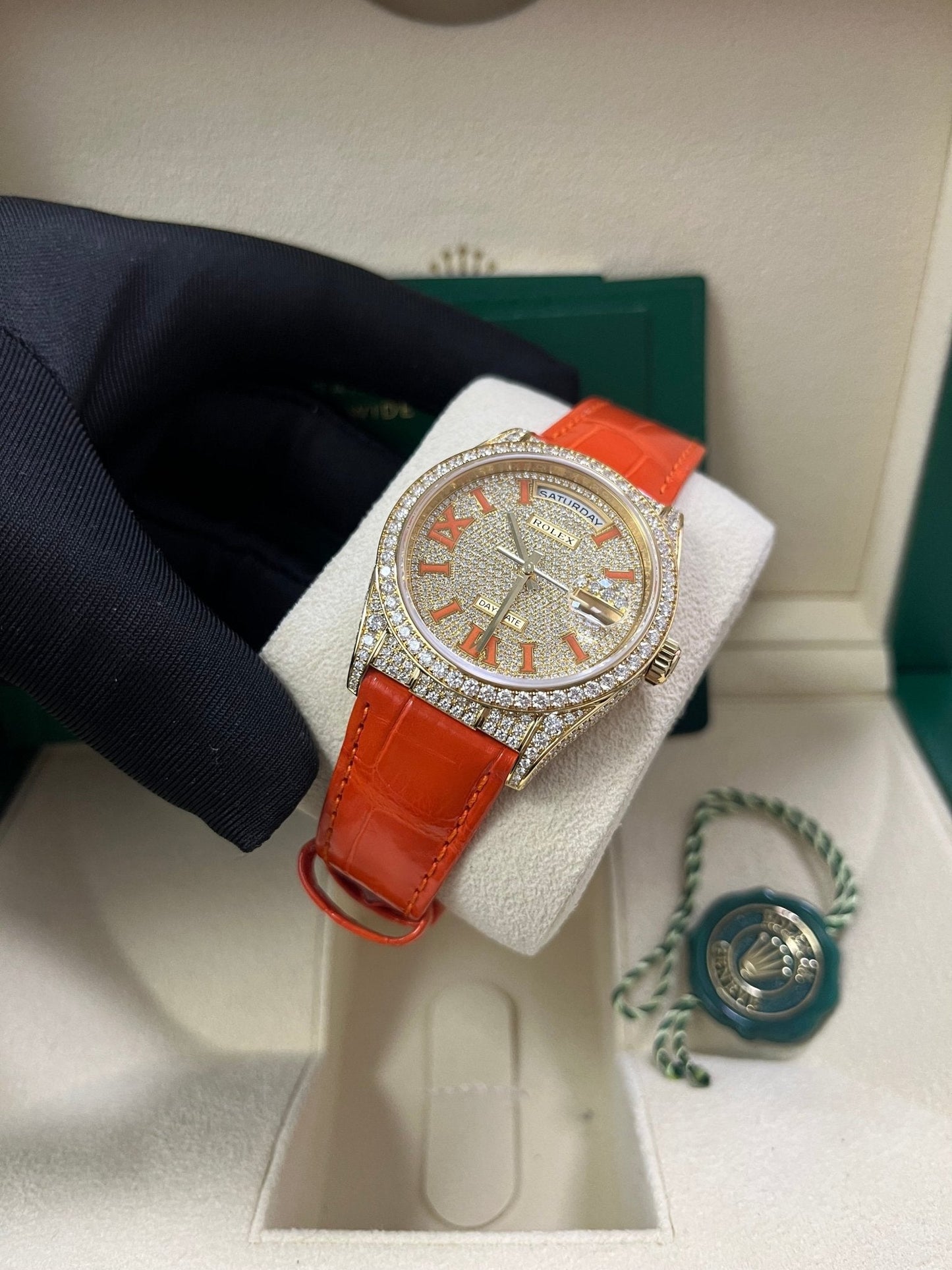 Rolex Day-Date 36 Orange Alligator Strap Pave Dial 128158rbr