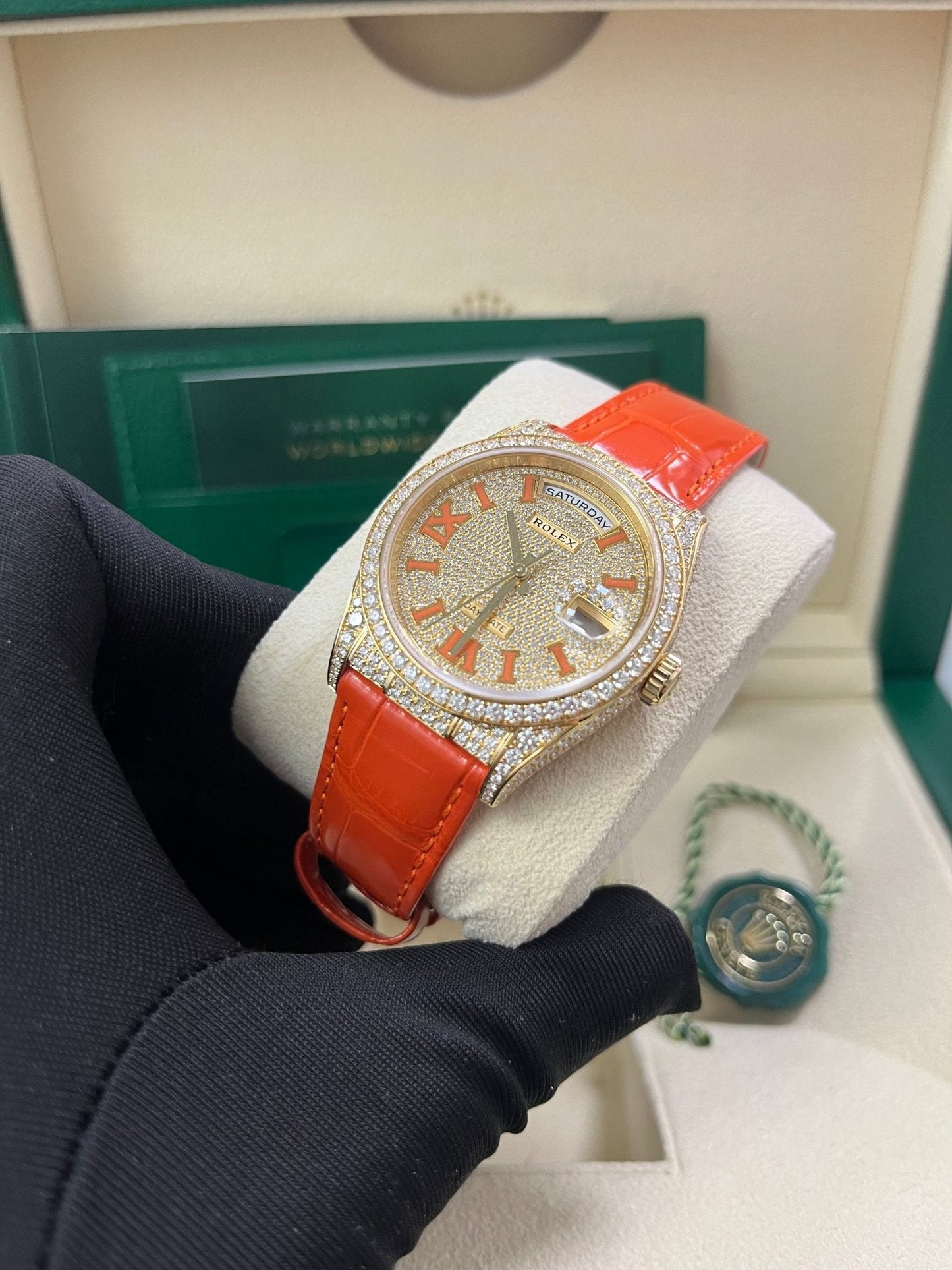 Rolex Day-Date 36 Orange Alligator Strap Pave Dial 128158rbr