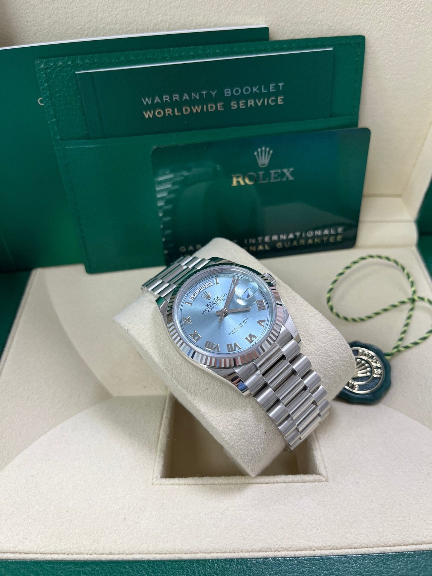 Rolex Day-Date 36 Platinum Ice Blue Roman Dial President Bracelet 128236
