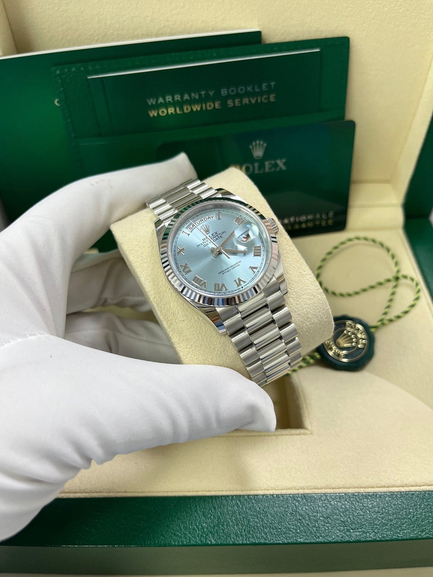 Rolex Day-Date 36 Platinum Ice Blue Roman Dial President Bracelet 128236