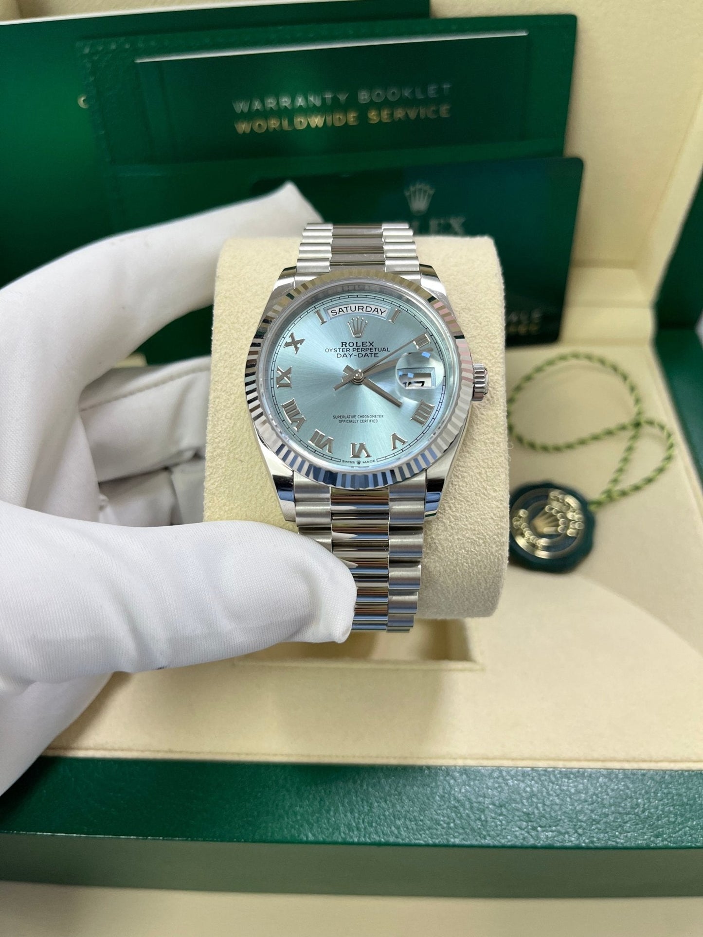 Rolex Day-Date 36 Platinum Ice Blue Roman Dial President Bracelet 128236
