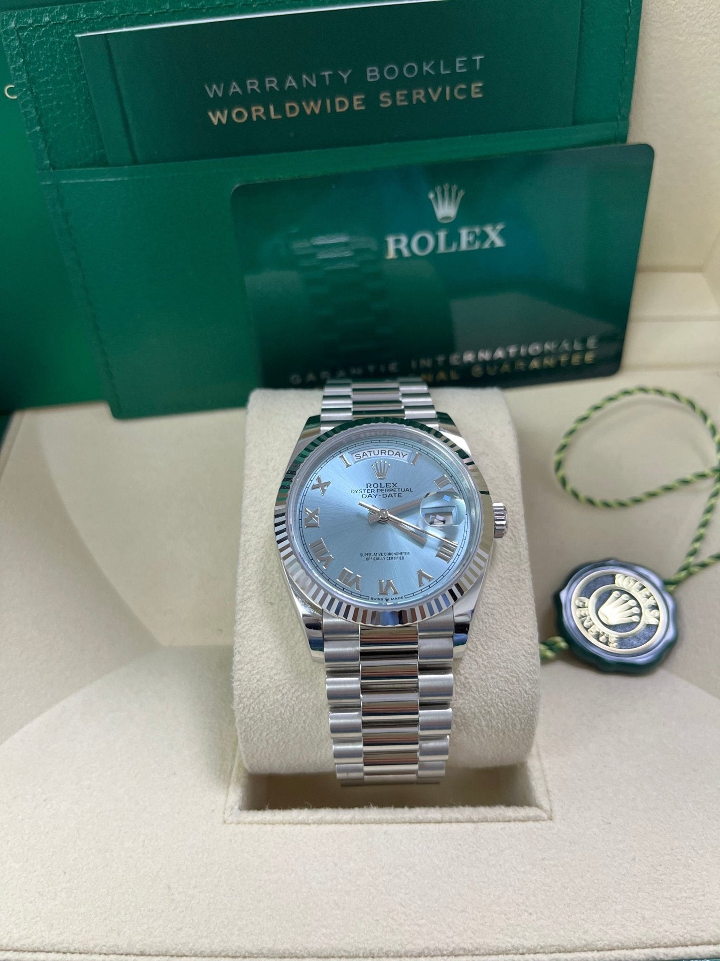 Rolex Day-Date 36 Platinum Ice Blue Roman Dial President Bracelet 128236
