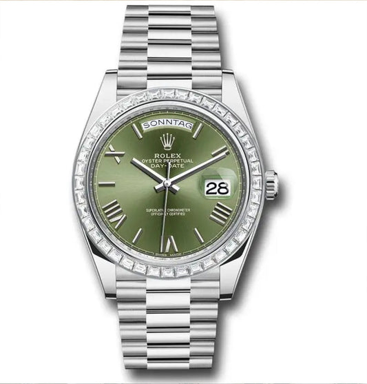 Rolex Day-Date 40 Baguette Diamond Bezel Olive Green Roman Dial President Bracelet 228396TBR German Day Wheel