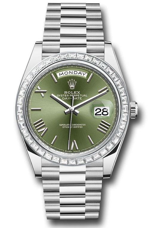 Rolex Day-Date 40 Baguette Diamond Bezel Olive Green Roman Dial President Bracelet 228396TBR