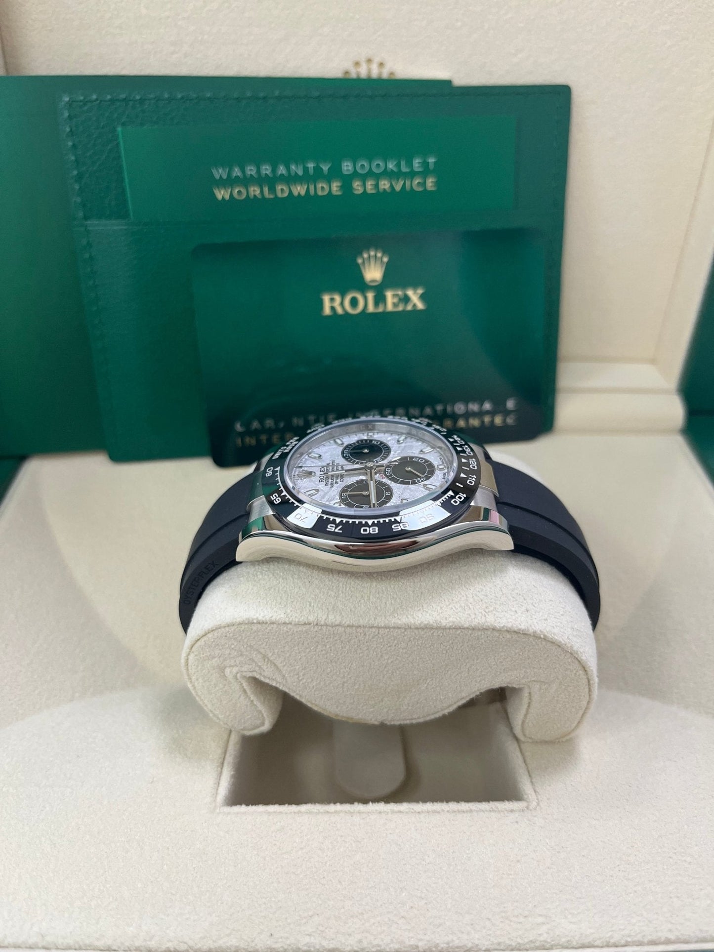 Rolex Daytona White Gold Daytona 40 Watch - Meteroite and Black Index Dial - Black Oysterflex 116519LN