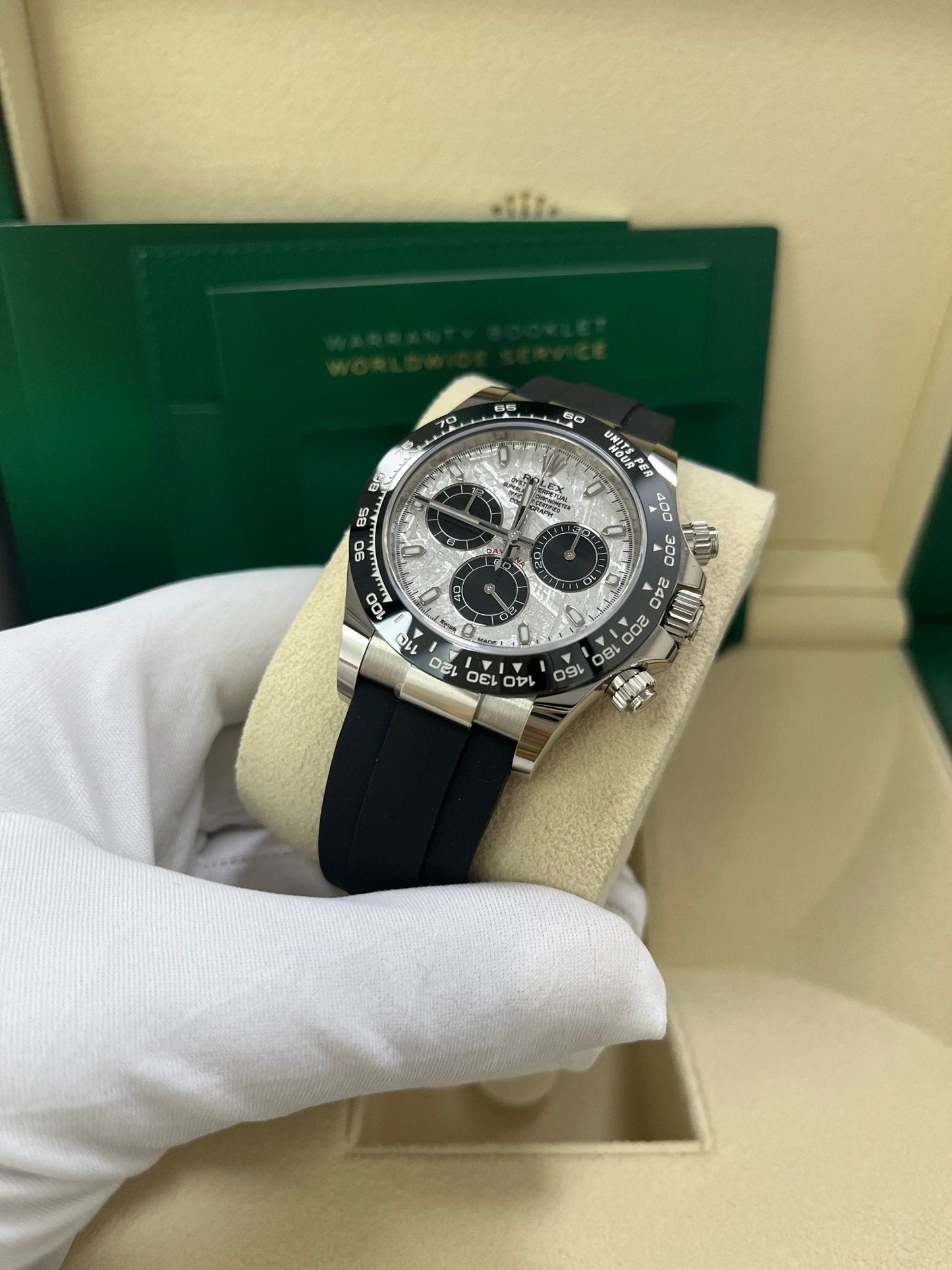 Rolex Daytona White Gold Daytona 40 Watch - Meteroite and Black Index Dial - Black Oysterflex 116519LN