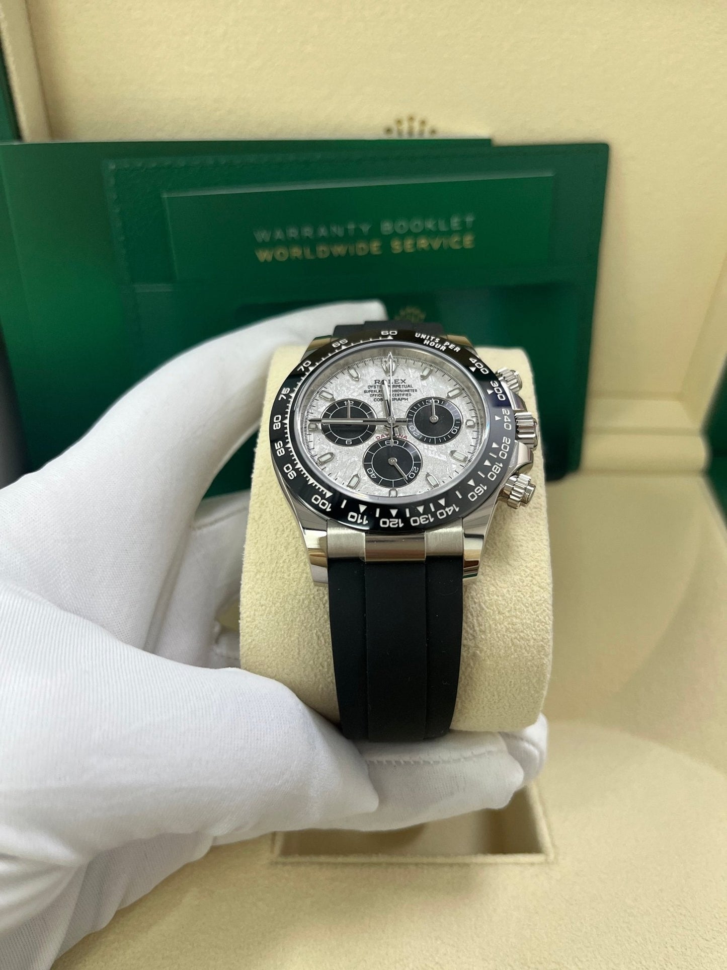 Rolex Daytona White Gold Daytona 40 Watch - Meteroite and Black Index Dial - Black Oysterflex 116519LN