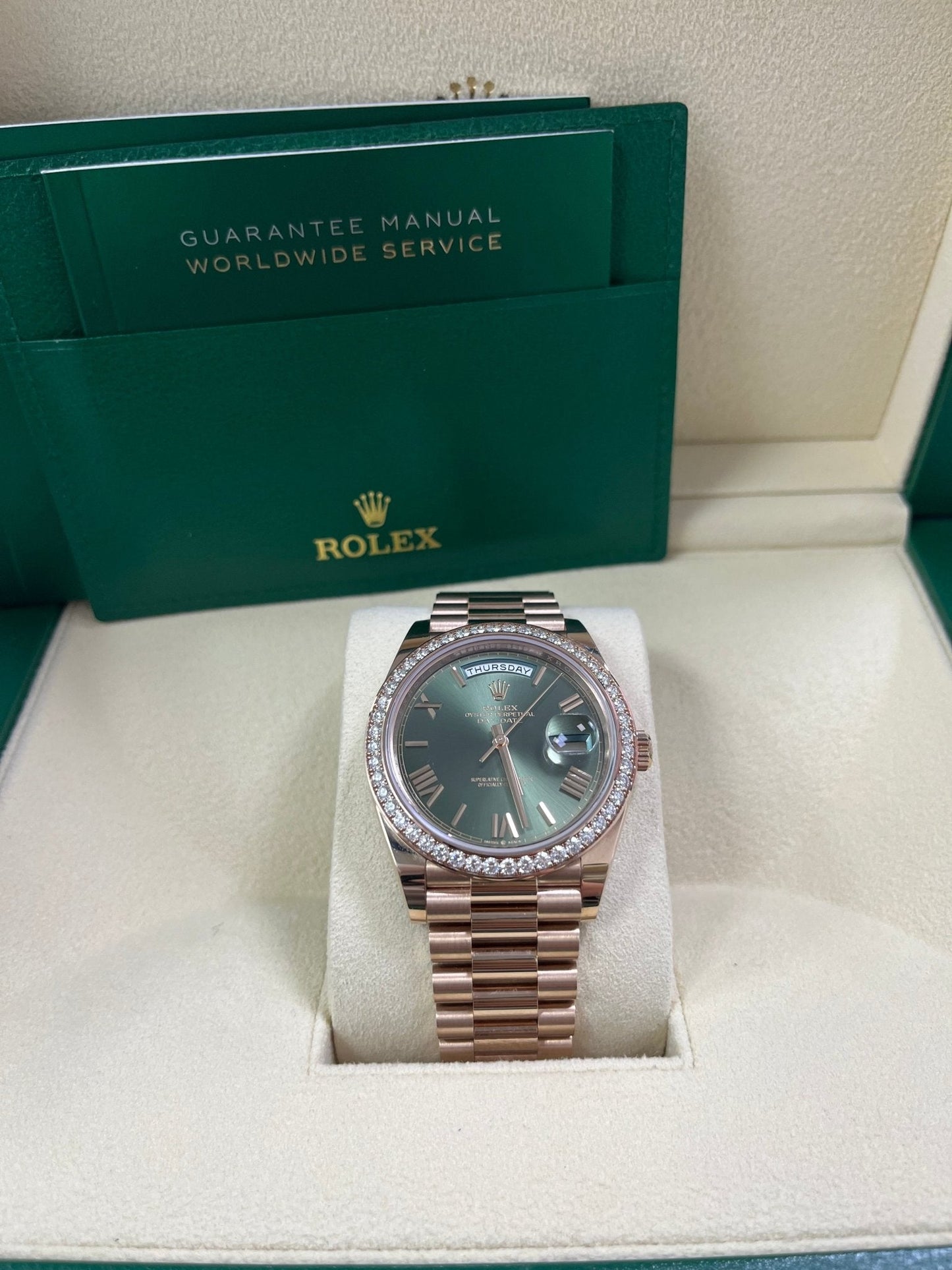 Rolex Everose Gold Day-Date 40 Watch - Everose Gold Bezel - Olive Green Bevelled Roman Dial - President Bracelet (Ref# 228345RBR)