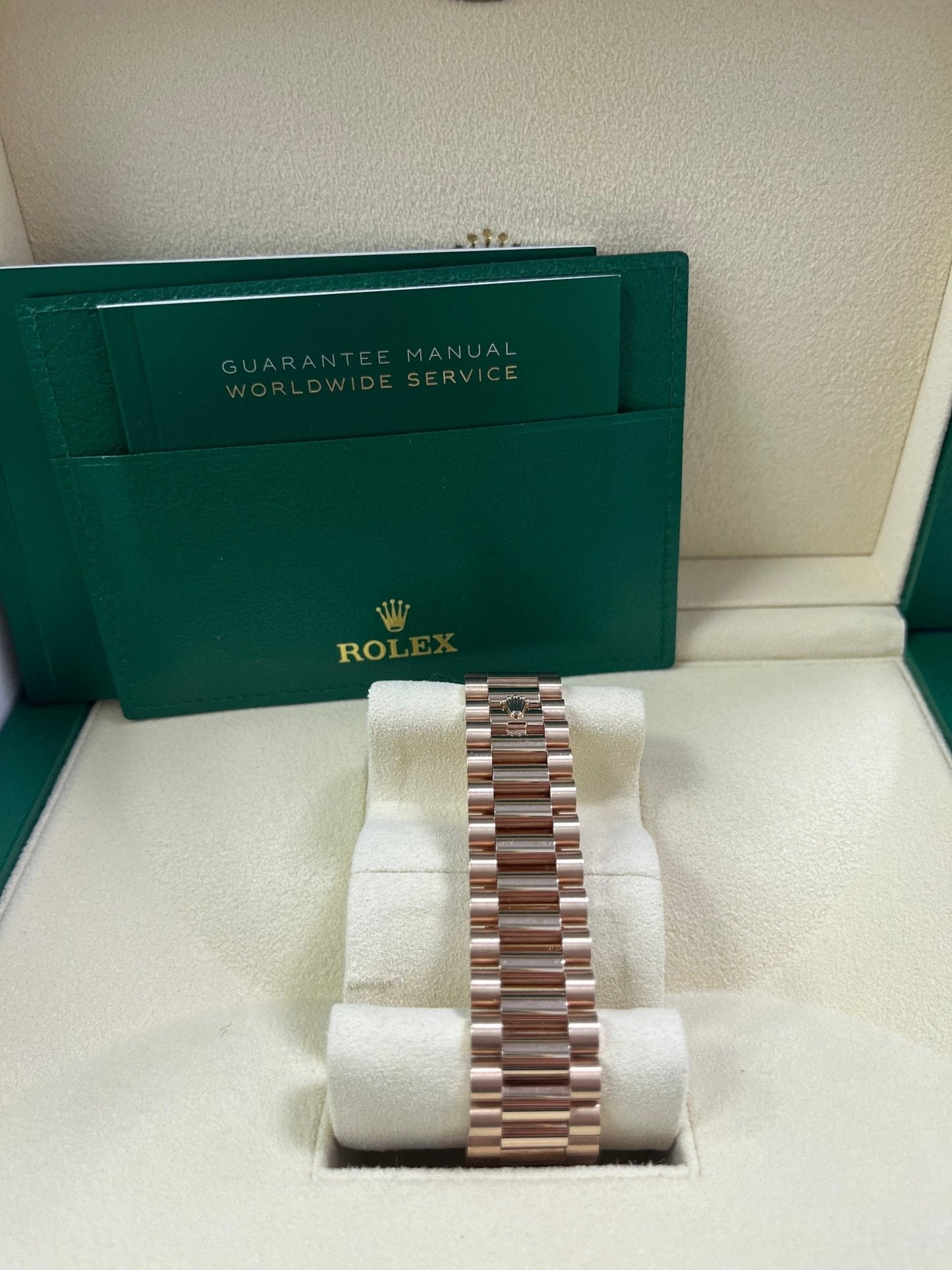 Rolex Everose Gold Day-Date 40 Watch - Everose Gold Bezel - Olive Green Bevelled Roman Dial - President Bracelet (Ref# 228345RBR)