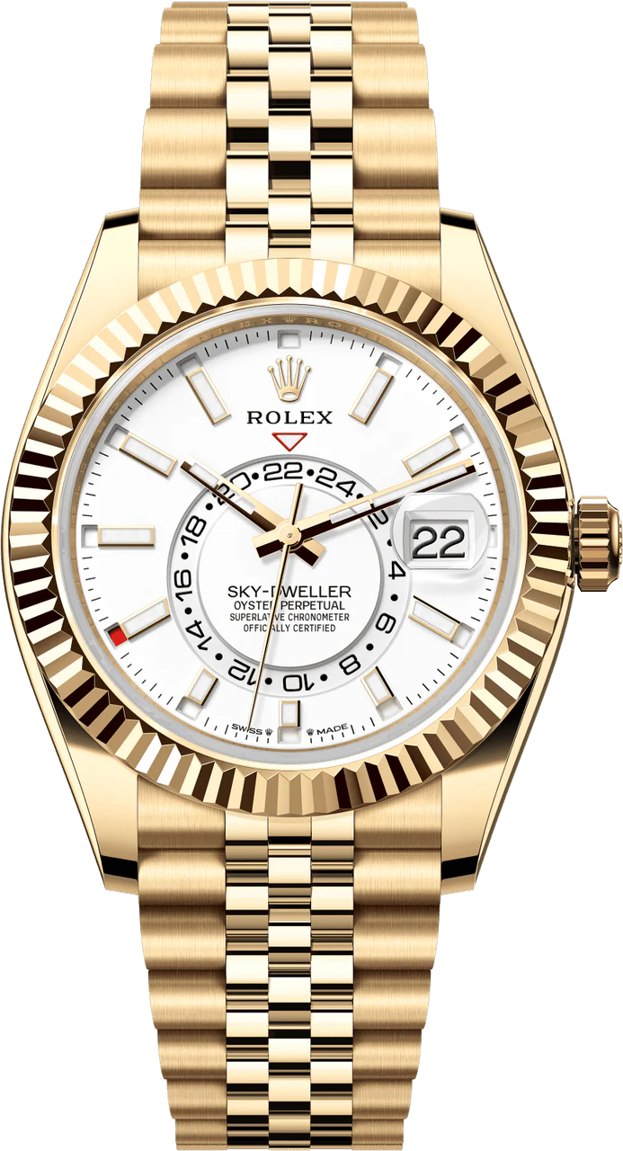 Rolex New Release Sky-Dweller Yellow Gold 42mm White Dial Fluted Bezel Jubilee Bracelet 336938