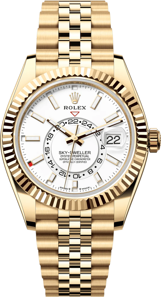 Rolex New Release Sky-Dweller Yellow Gold 42mm White Dial Fluted Bezel Jubilee Bracelet 336938