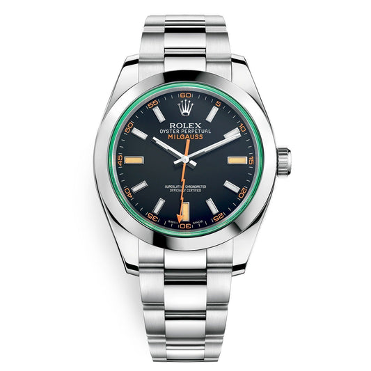 Rolex Steel Milgauss Watch Green Crystal - 116400GV Custom Mad in time Dial