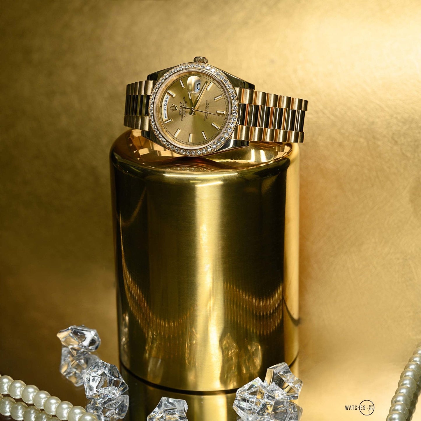 Rolex Yellow Gold Day-Date 40 Watch - Yellow Gold Bezel - Champagne Index Dial - President Bracelet ( Ref# 228348RBR)