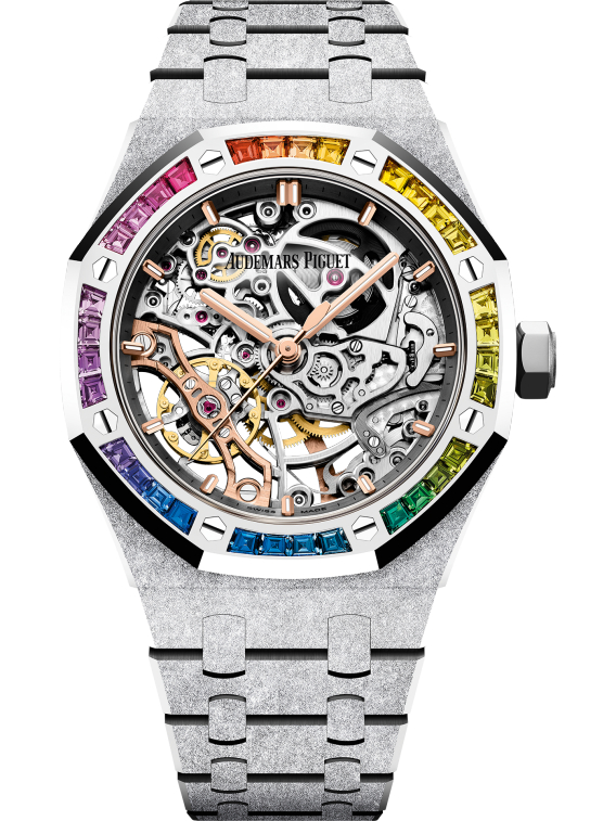 Audemars Piguet Royal Oak Frosted Gold Double Balance Wheel Openworked 37mm Rainbow Baguette Sapphires Bezel 15468BC.YG.1259BC.01-B