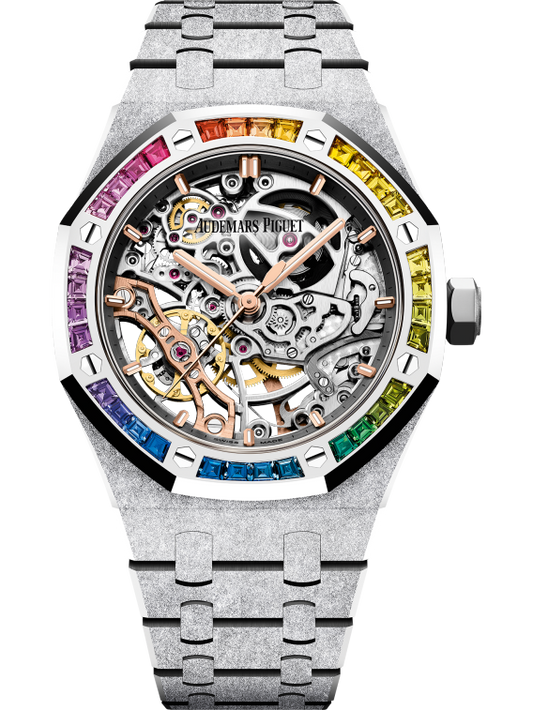 Audemars Piguet Royal Oak Frosted Gold Double Balance Wheel Openworked 37mm Rainbow Baguette Sapphires Bezel 15468BC.YG.1259BC.01-B