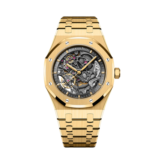 Audemars Piguet Royal Oak Double Balance Wheel Openworked 41 mm Transparent Dial 18-Carat Yellow Gold Bracelet 15407BA.OO.1220BA.01