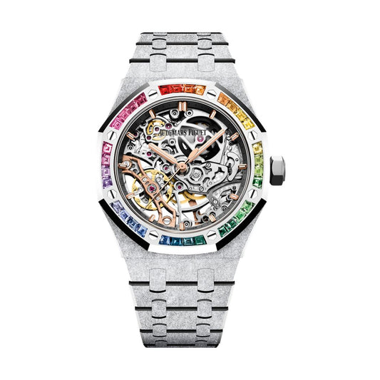 Audemars Piguet Royal Oak Frosted Gold Double Balance Wheel Openworked 37 mm Transparent Dial with Diamonds 18-Carat White Gold Bracelet 15468BC.YG.1259BC.01-B