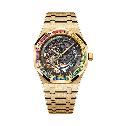 Audemars Piguet Royal Oak Frosted Gold Double Balance Wheel Openworked 41 mm Slate Grey Dial with Diamonds 18-Carat Yellow Gold Bracelet 15412BA.YG.1224BA.01-B