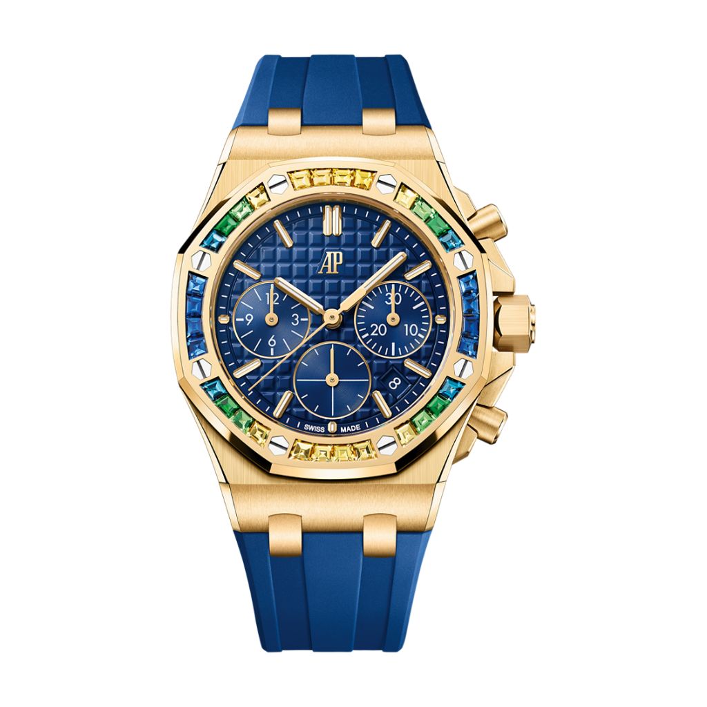 Audemars Piguet Royal Oak Offshore Selfwinding Chronograph 37 mm Blue Dial with Diamonds 18-Carat Yellow Gold Rubber Strap 26236BA.YY.D346CA.01