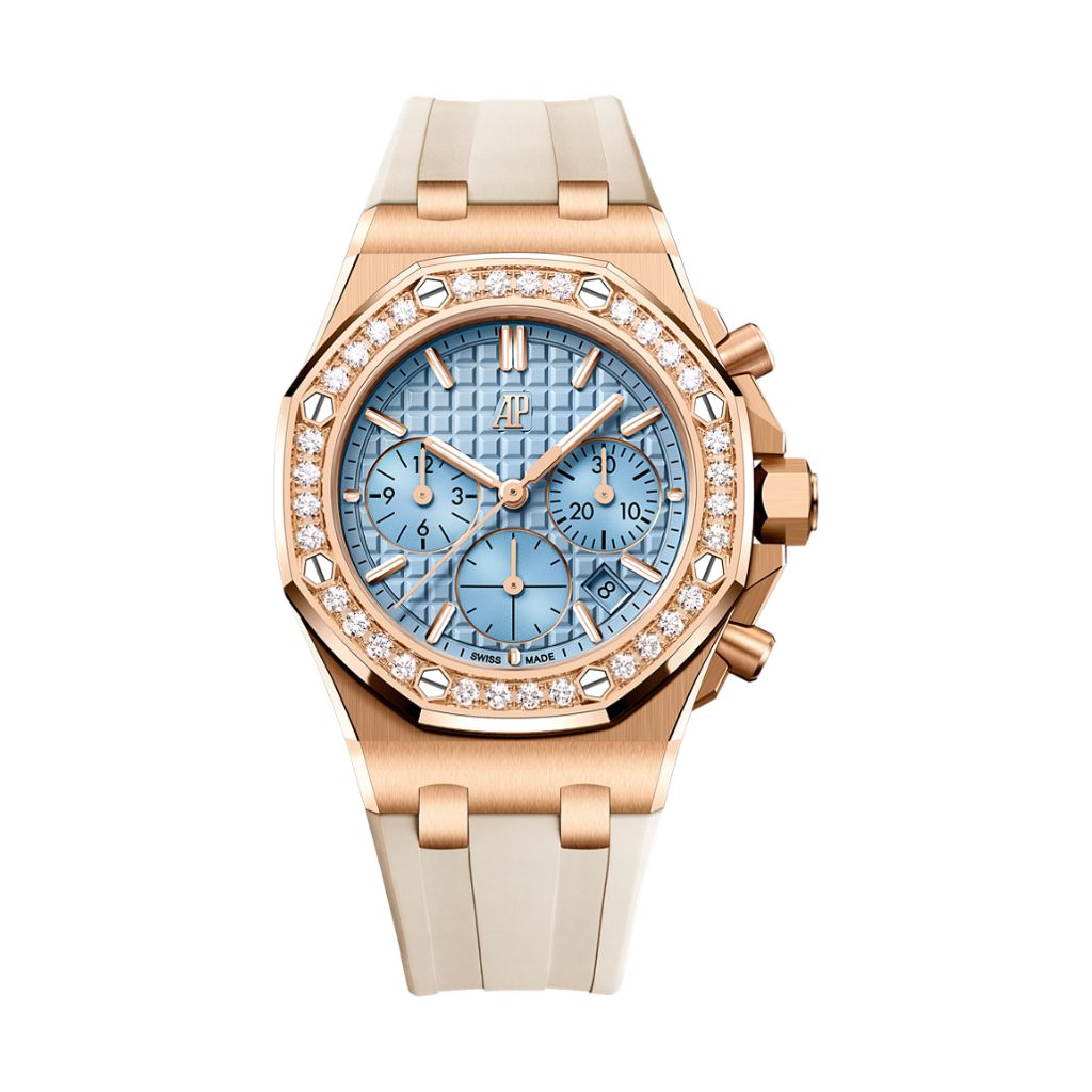 Audemars Piguet Royal Oak Offshore Selfwinding Chronograph 37 mm Light Blue Dial with Diamonds 18-Carat Pink Gold Rubber Strap 26231OR.ZZ.A085CA.01