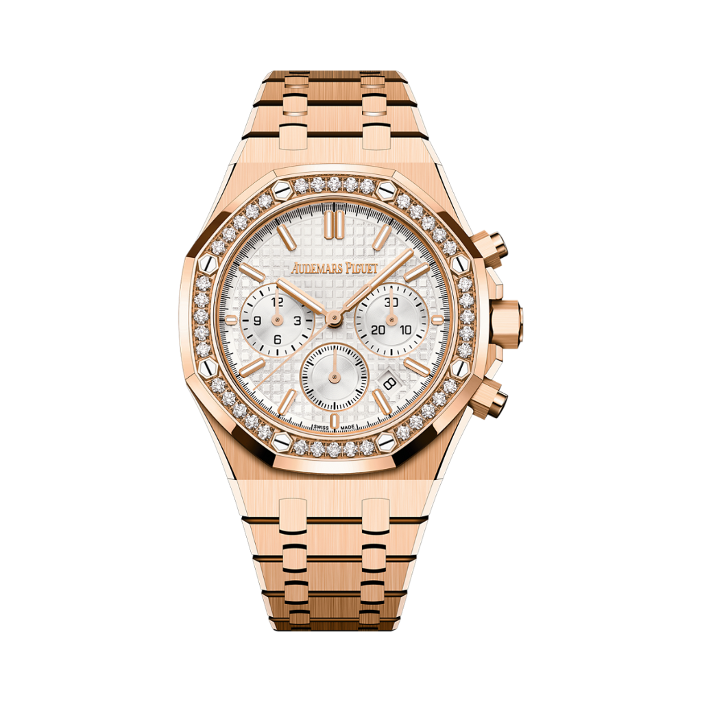 Audemars Piguet Royal Oak Selfwinding Chronograph 38 mm Silver Dial with Diamonds 18-Carat Pink Gold Bracelet 26715OR.ZZ.1356OR.01