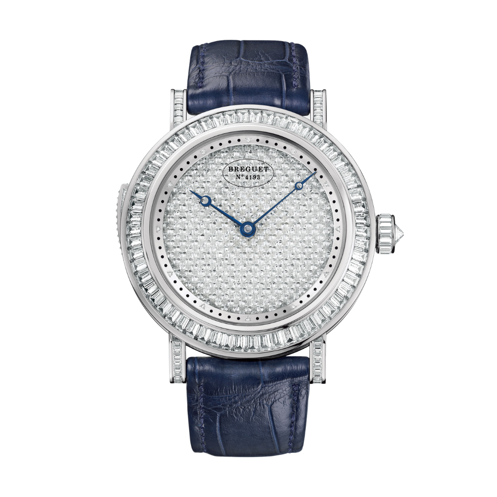 Breguet Classique 44.50 mm Diamond Paved Dial White Gold Dark Blue Leather Strap 7639BB/6D/9XV/DD0D