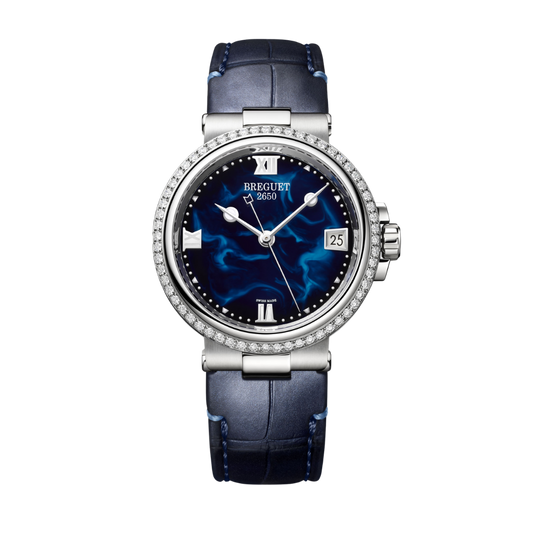 Breguet Marine 33.8 mm Blue Dial with Diamonds Stainless Steel Black Leather Strap 9518ST/E2/984/D000