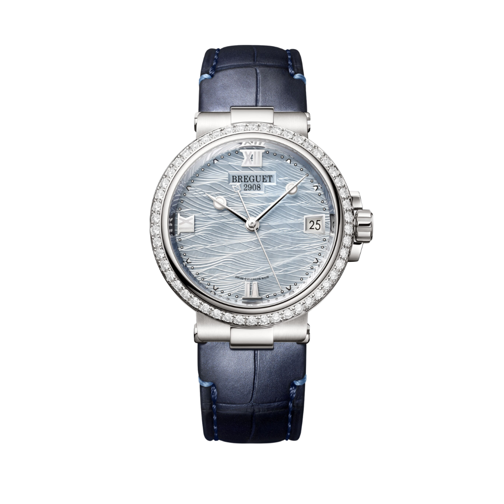 Breguet Marine 33.8 mm Silver Dial with Diamonds White Gold Black Leather Strap 9518BB/V2/984/D000