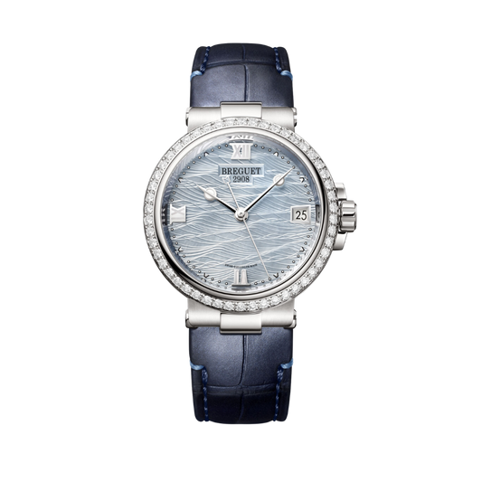 Breguet Marine 33.8 mm Silver Dial with Diamonds White Gold Black Leather Strap 9518BB/V2/984/D000