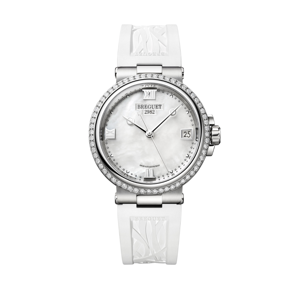 Breguet Marine 33.8 mm White Dial with Diamonds Stainless Steel White Leather Strap 9518ST/5W/584/D000