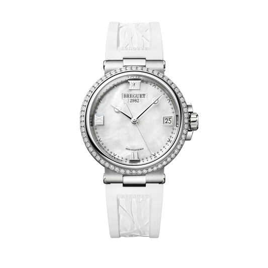 Breguet Marine 33.8 mm White Dial with Diamonds Stainless Steel White Leather Strap 9518ST/5W/584/D000