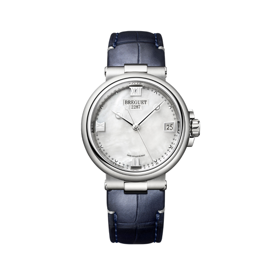Breguet Marine 33.8 mm White Mother-Of-Pearl Dial Stainless Steel Black Leather Strap 9517ST/5W/984
