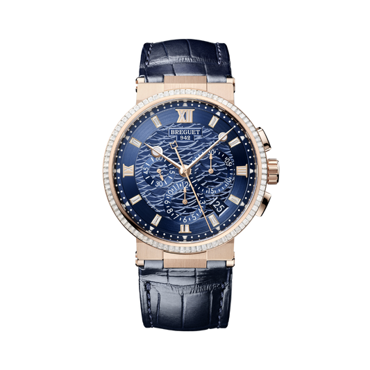 Breguet Marine 42.3 mm Blue Dial with Diamonds 18k Rose Gold Black Leather Strap 5529BR/YD/9WV/D0