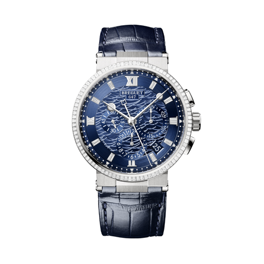 Breguet Marine 42.3 mm Blue Dial with Diamonds White Gold Black Leather Strap 5529BB/YD/9WV/D0