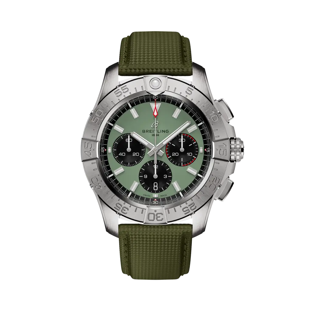Breitling Avenger B01 Chronograph 44 mm Black And Light Green Dial Stainless Steel   Leather Strap AB0147101L1X1