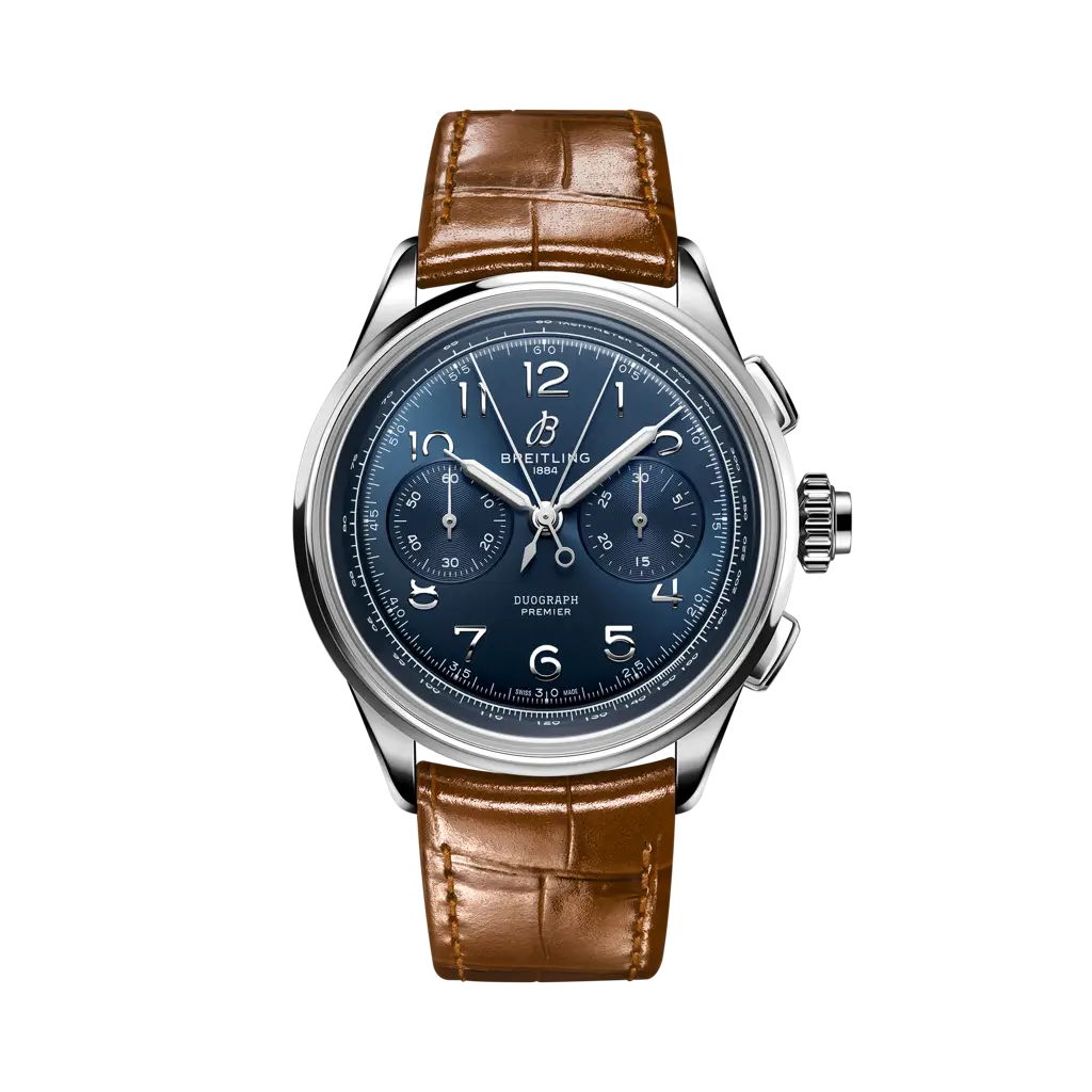 Breitling B15 Duograph 42 mm Blue Dial Stainless Steel Leather Gold Brown Strap AB1510171C1P1