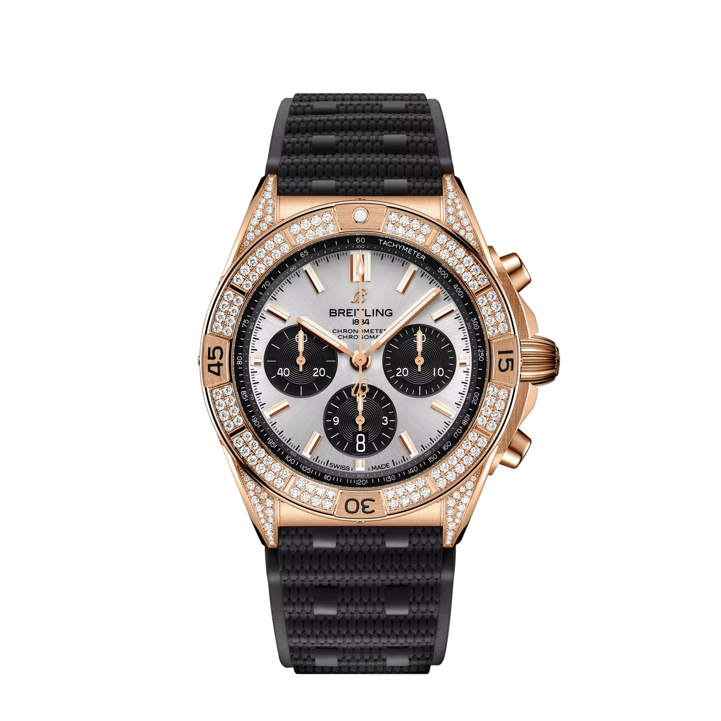 Breitling Chronomat B01 42 mm Silver and Black Dial 18K Red Gold (Gem-Set) Black Rubber Strap RB0134721G1S2