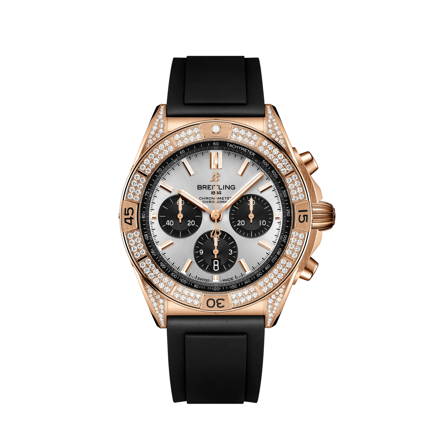 Breitling Chronomat B01 42mm Silver and Black Dial 18K Red Gold (Gem-Set) Black Rubber Strap RB0134721G1S1