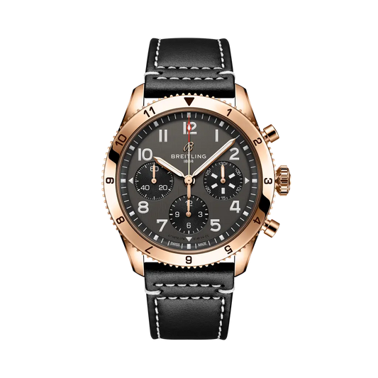 Breitling Classic AVI Chronograph 42 P-51 Mustang 42 mm Bright Black Dial 18K Red Gold   Leather Strap R233801A1B1X1