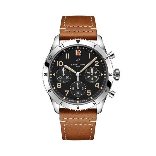 Breitling Classic AVI Chronograph 42 P-51 Mustang 42 mm Bright Black Dial Stainless Steel   Leather Strap A233803A1B1X1