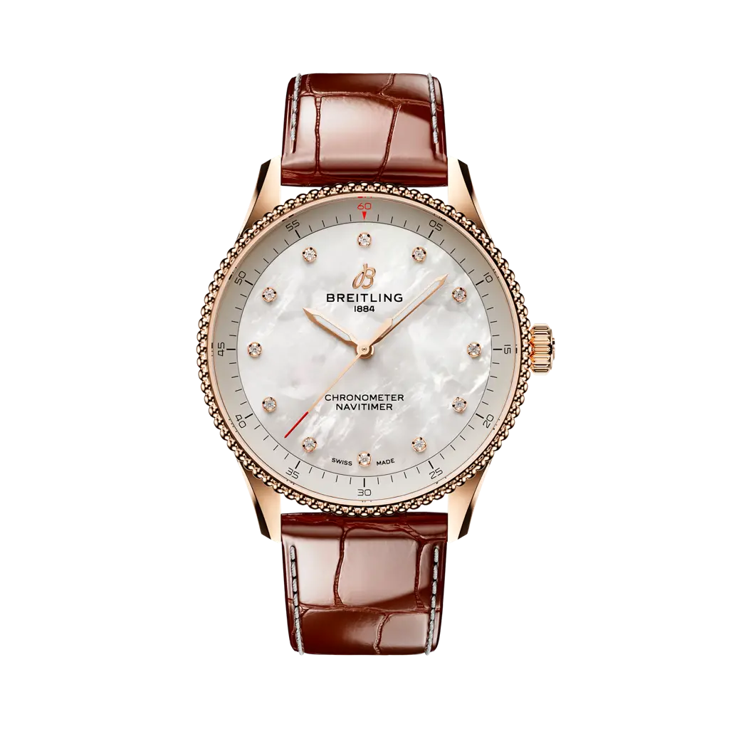 Breitling Navitimer 32 mm White Dial Small Scale Traceable 18K Red Gold   Leather Strap R77320E61A1P1