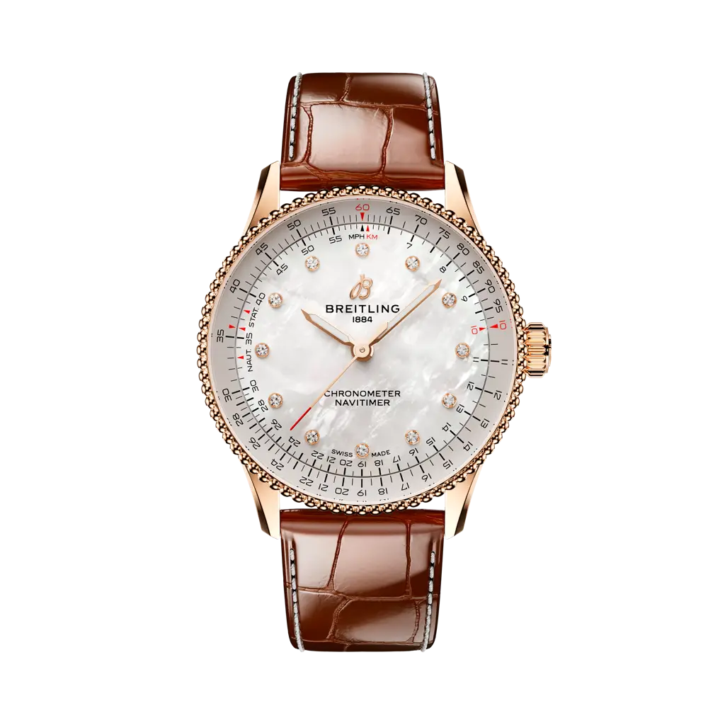 Breitling Navitimer Automatic 36 mm White Dial Small Scale Traceable 18K Red Gold   Leather Strap R17327211A1P1