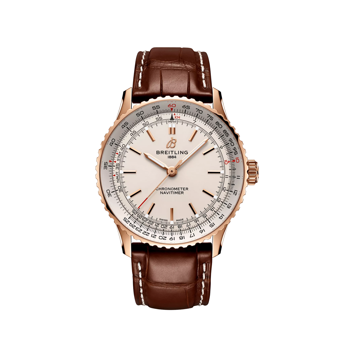 Breitling Navitimer Automatic 41 mm White Dial Small Scale Traceable 18K Red Gold   Leather Strap R17329F41G1P1