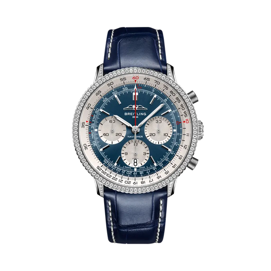Breitling Navitimer B01 Chronograph 41 mm Silver With Blue Dial Stainless steel (gem-set)   Leather Strap AB0139631C1P1