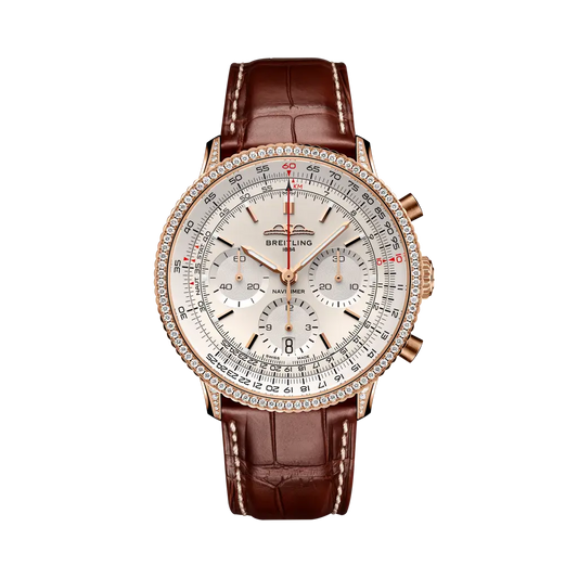 Breitling Navitimer B01 Chronograph 41 mm White Dial 18K Red Gold (Gem-Set)   Leather Strap RB0139631G1P1
