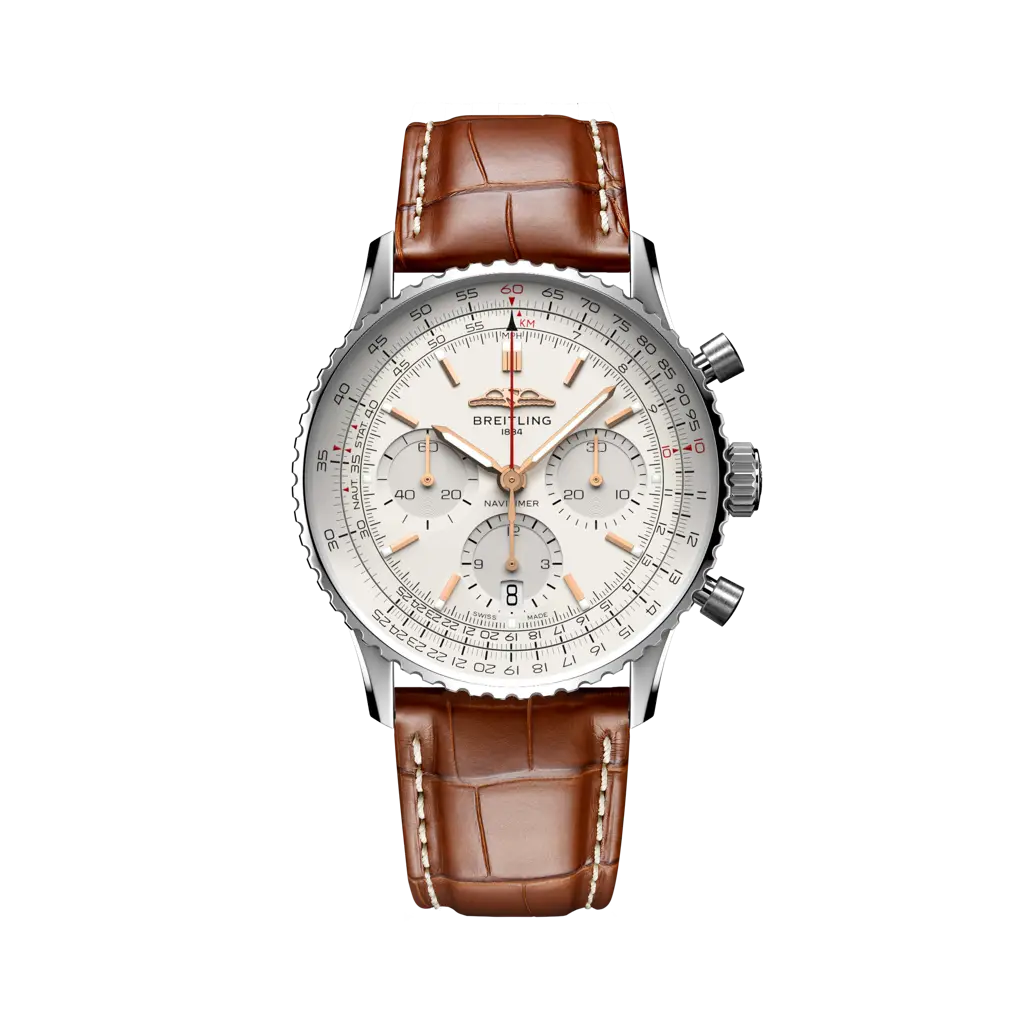 Breitling Navitimer B01 Chronograph 41 mm White Dial Stainless Steel Leather Strap AB0139211G1P1