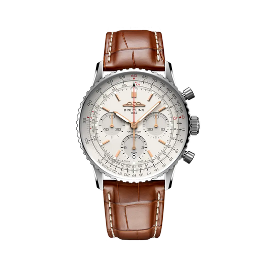 Breitling Navitimer B01 Chronograph 41 mm White Dial Stainless Steel Leather Strap AB0139211G1P1