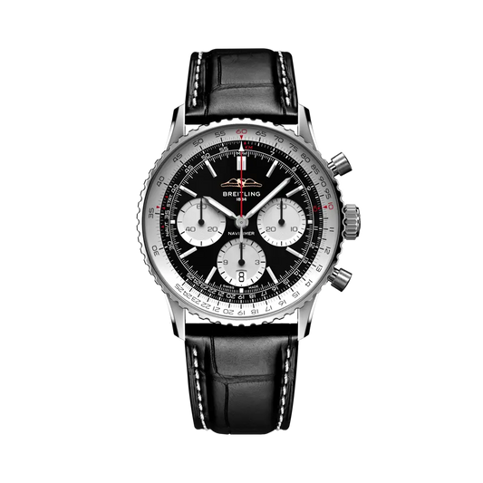 Breitling Navitimer B01 Chronograph 41 mm White With Black Dial Stainless Steel   Leather Strap AB0139211B1P1