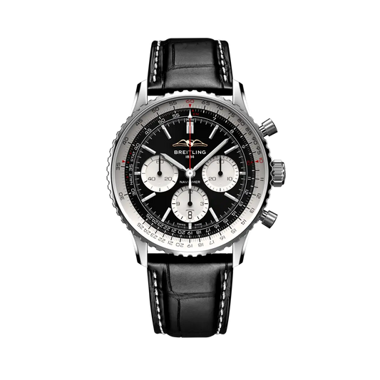 Breitling Navitimer B01 Chronograph 43 mm Black And White Dial Stainless Steel Leather Strap AB0138211B1P1